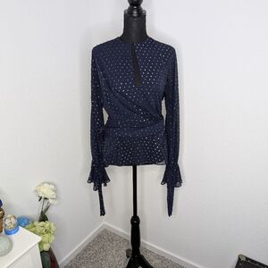 💘 Jonathan Simkhai Metallic Wrap Blouse in Midnight Blue XS ASO Sunny Hostin